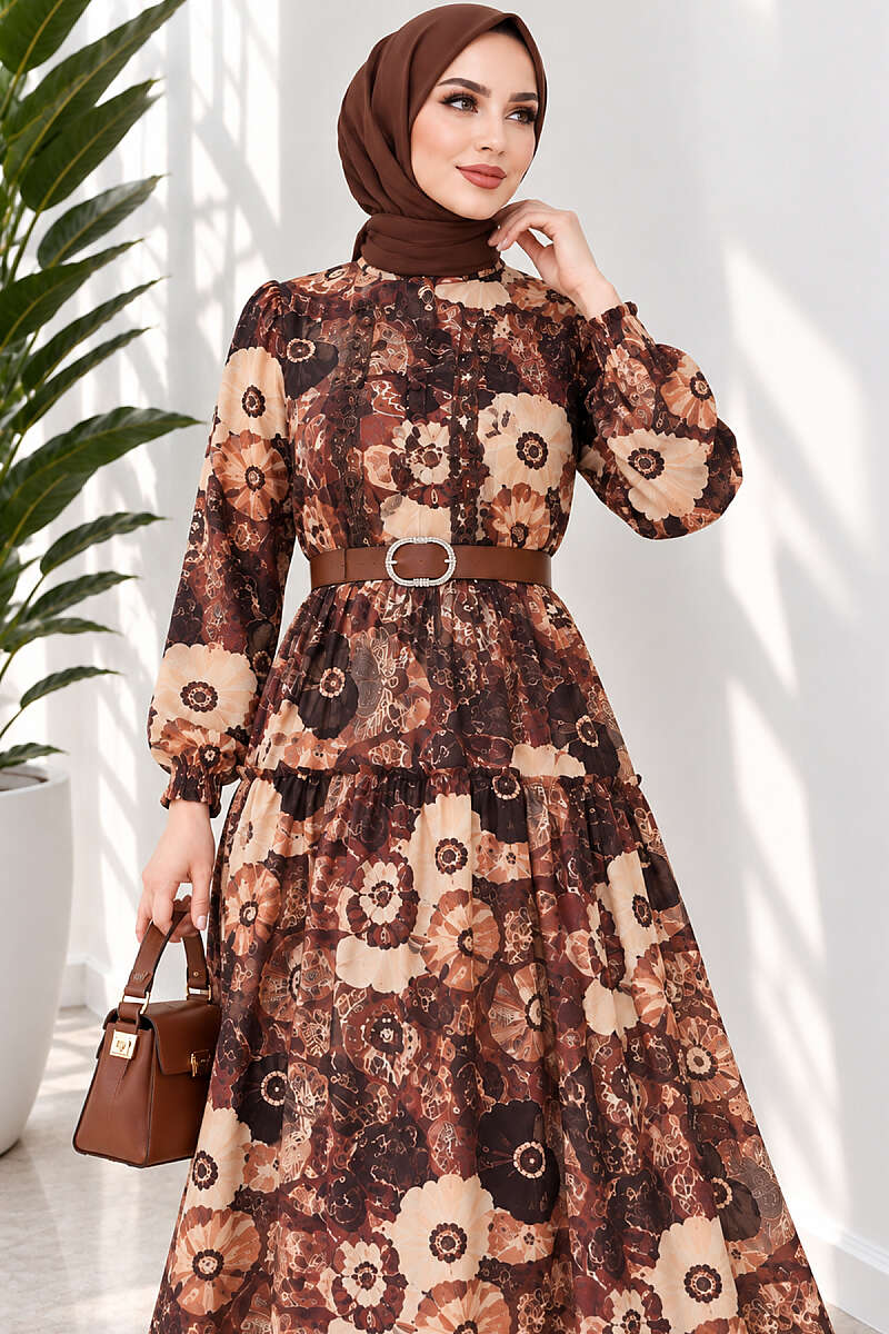 Belted Ethnic Print Dress - Brown