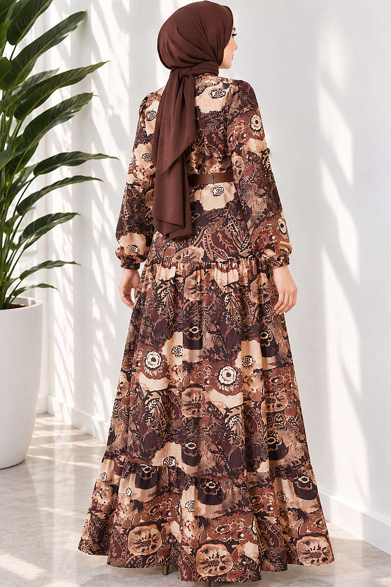 Belted Ethnic Print Dress - Brown