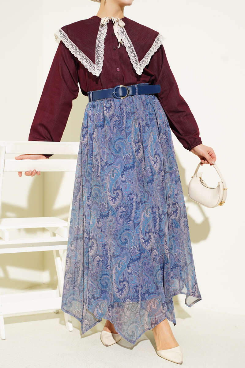 Belted Ethnic Print Chiffon Skirt - Indigo