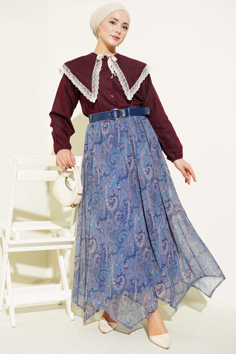Belted Ethnic Print Chiffon Skirt - Indigo