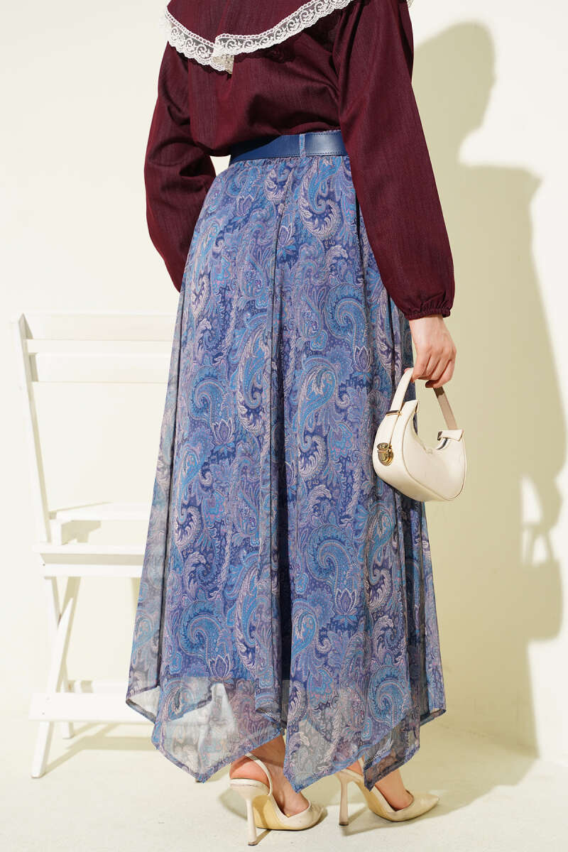 Belted Ethnic Print Chiffon Skirt - Indigo