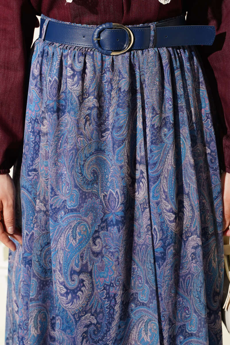 Belted Ethnic Print Chiffon Skirt - Indigo