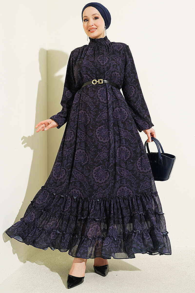 Belted Ethnic Print Ruffle Dress - Purple