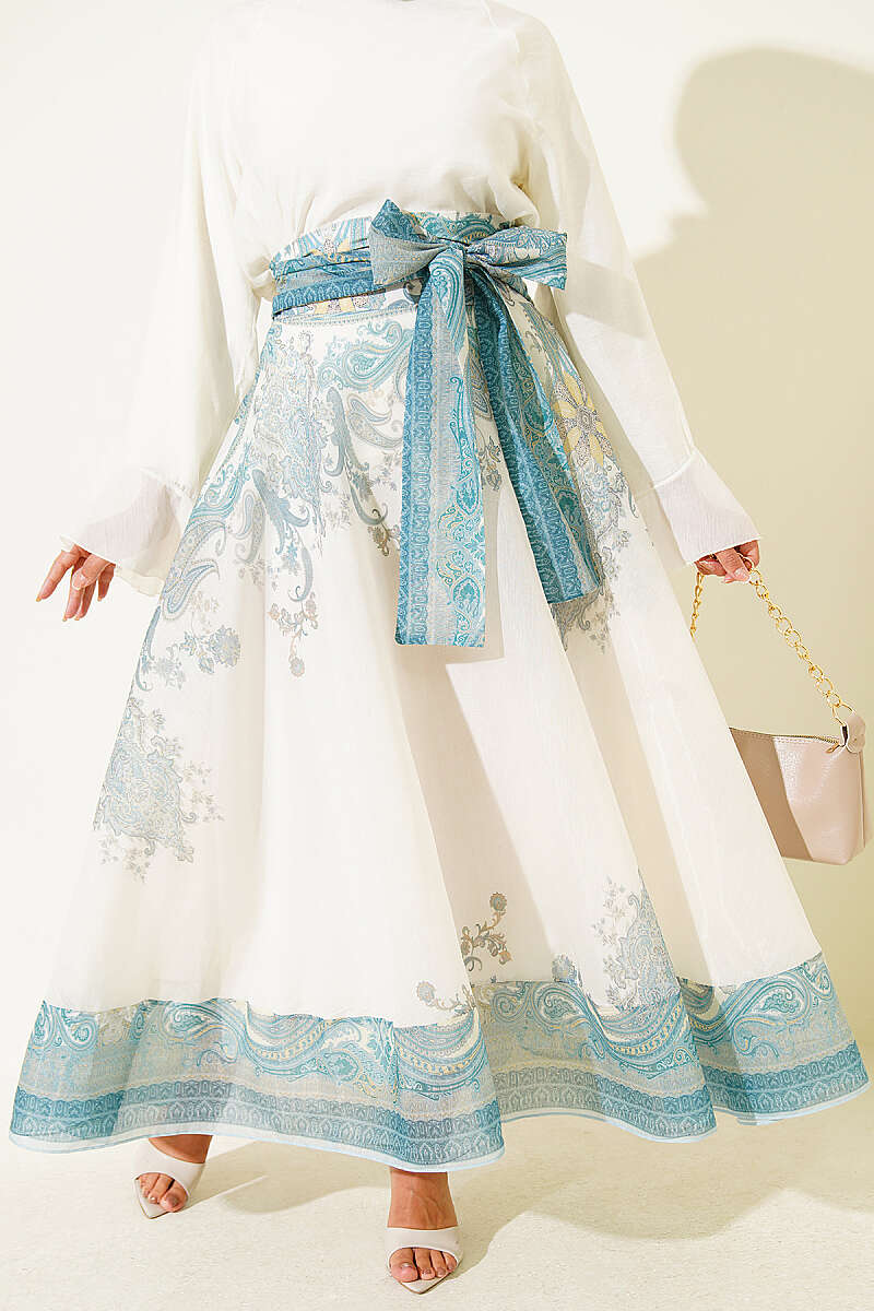 Ethnic Print Skirt with Self Sash - Mint