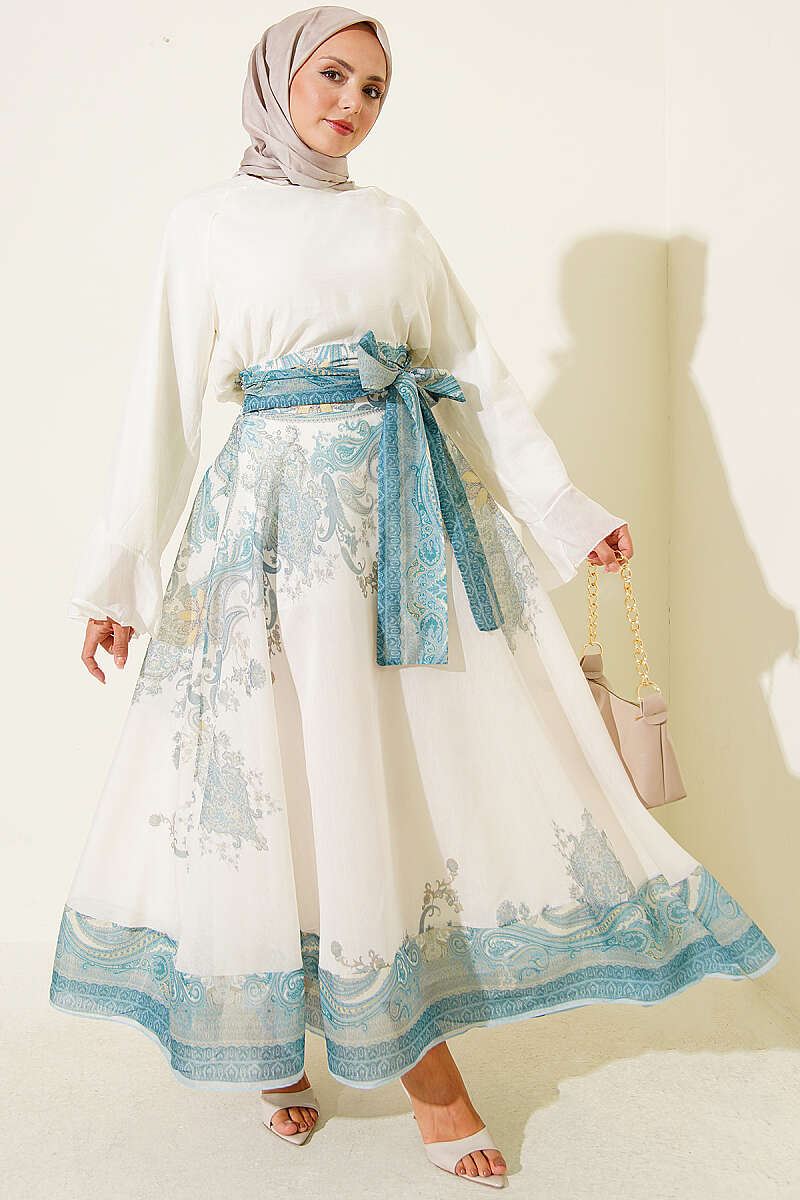 Ethnic Print Skirt with Self Sash - Mint