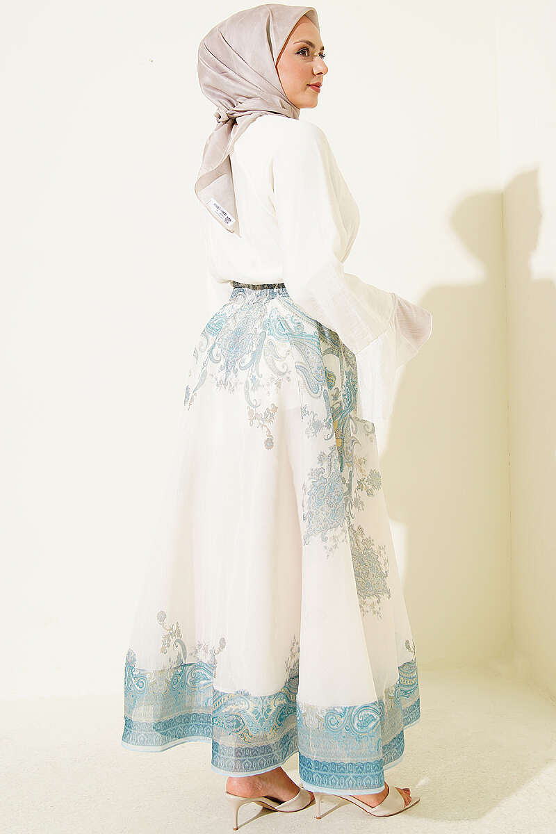Ethnic Print Skirt with Self Sash - Mint