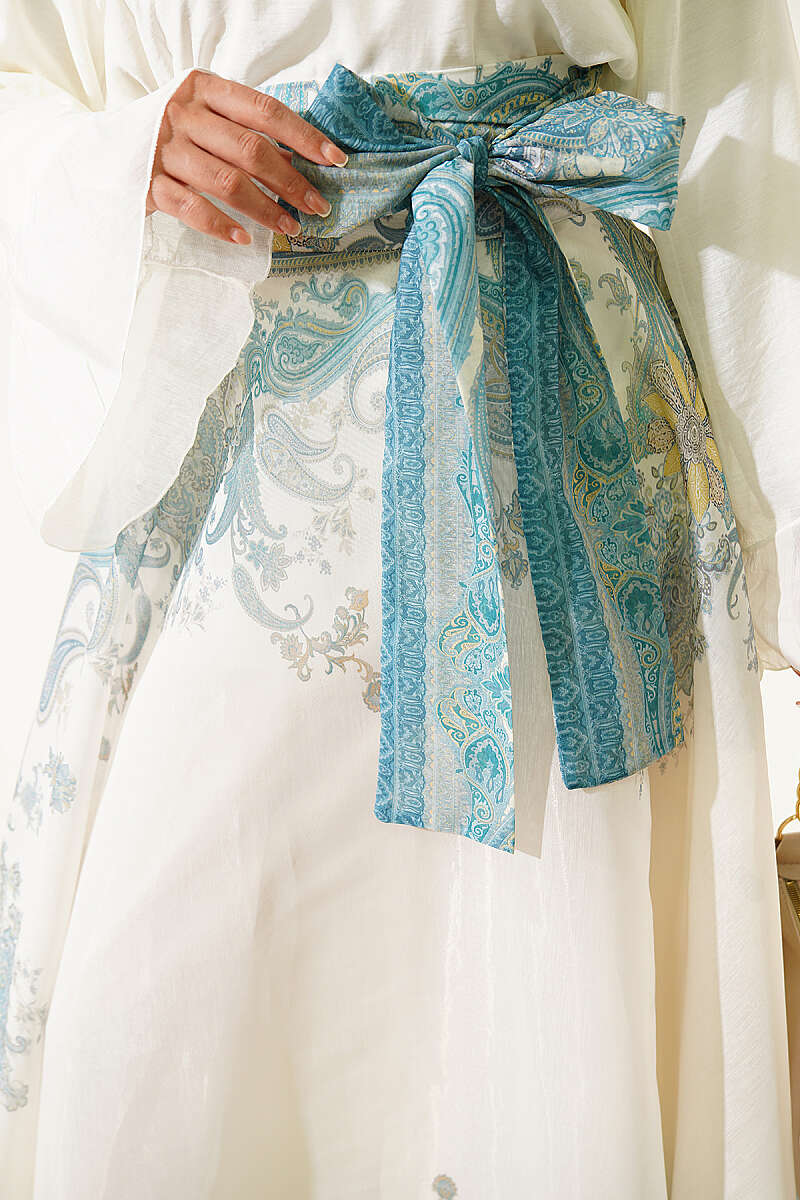Ethnic Print Skirt with Self Sash - Mint