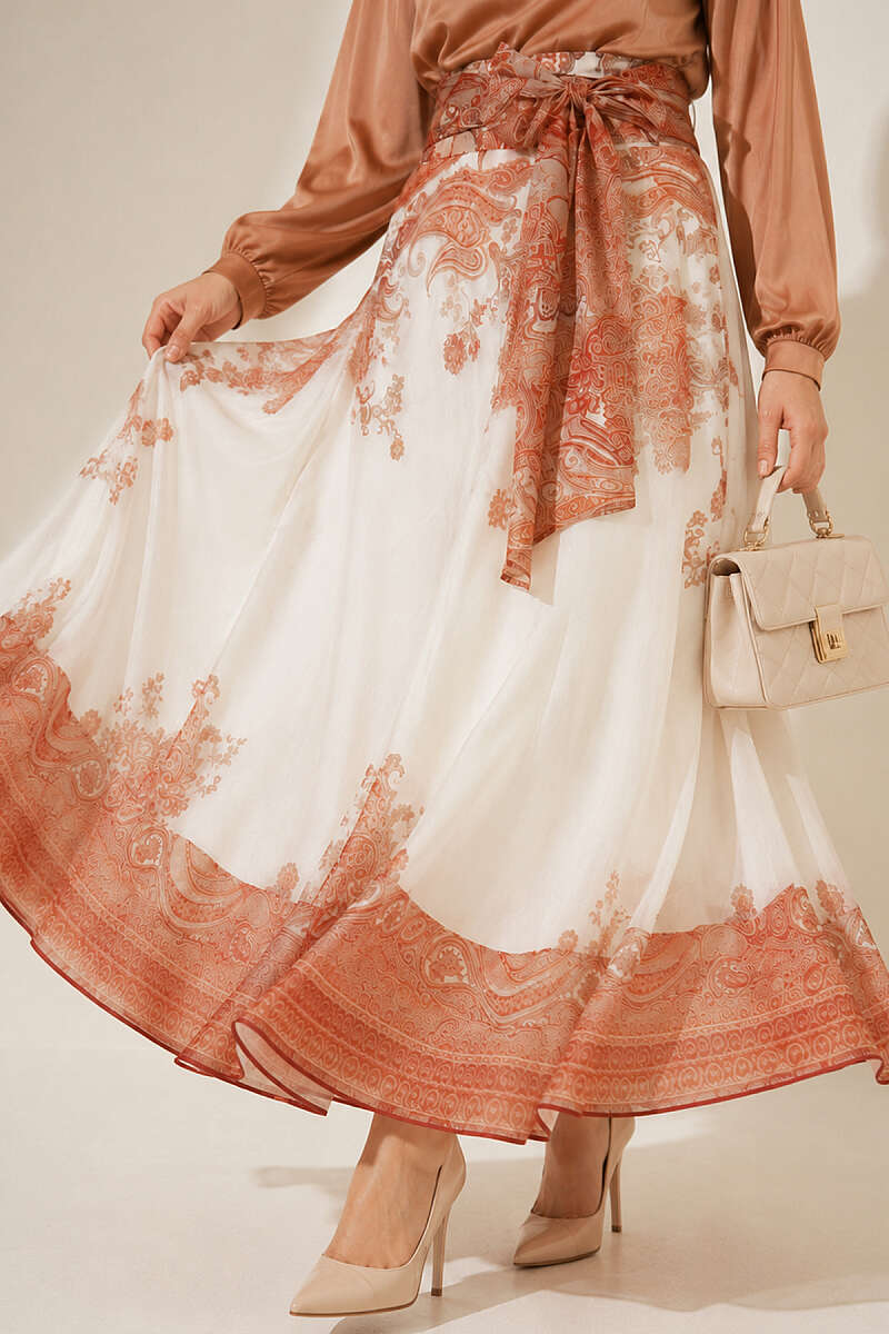 Ethnic Print Skirt with Self Sash - Tan