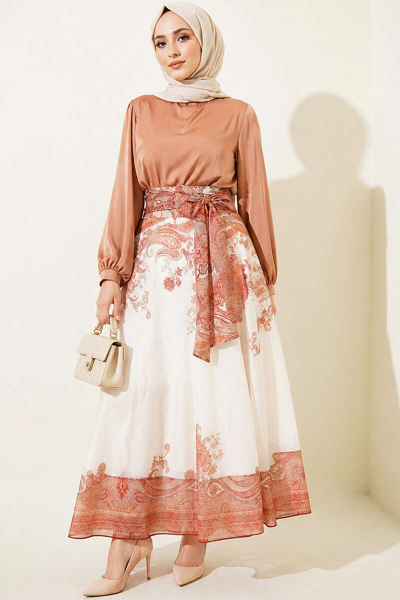 Ethnic Print Skirt with Self Sash - Tan