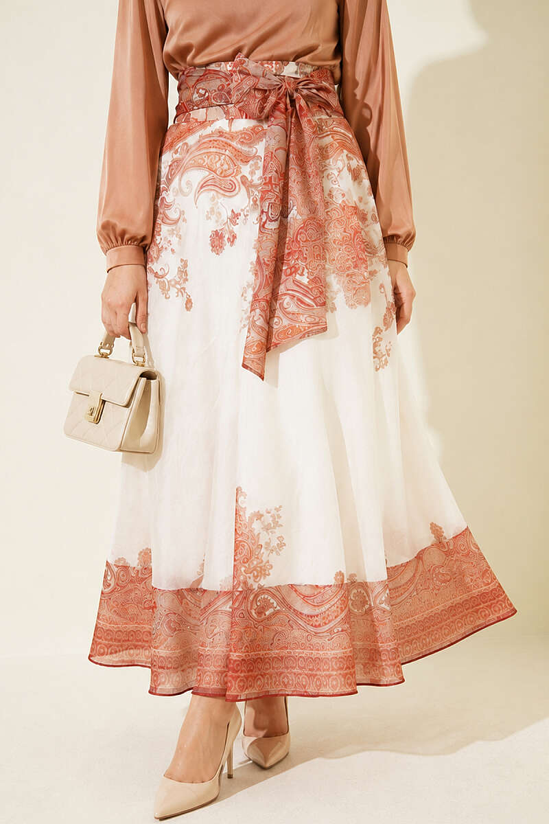 Ethnic Print Skirt with Self Sash - Tan