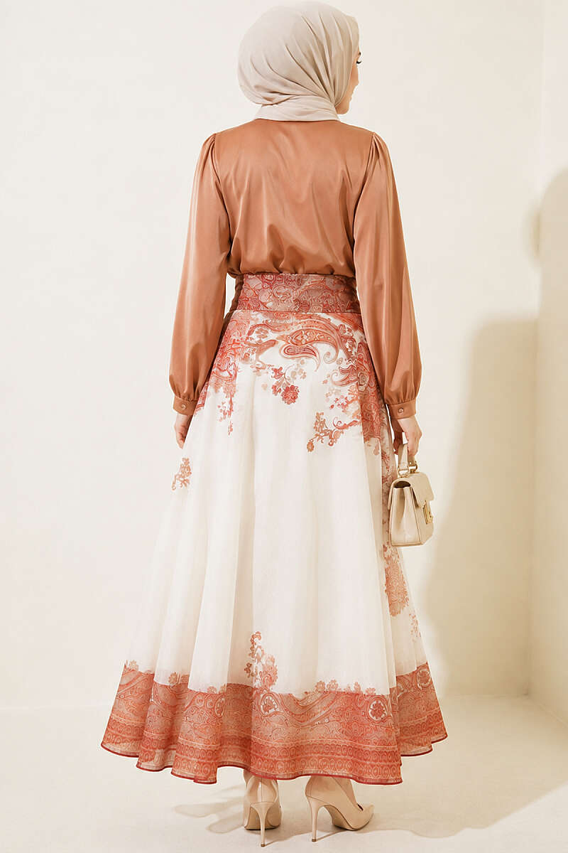 Ethnic Print Skirt with Self Sash - Tan
