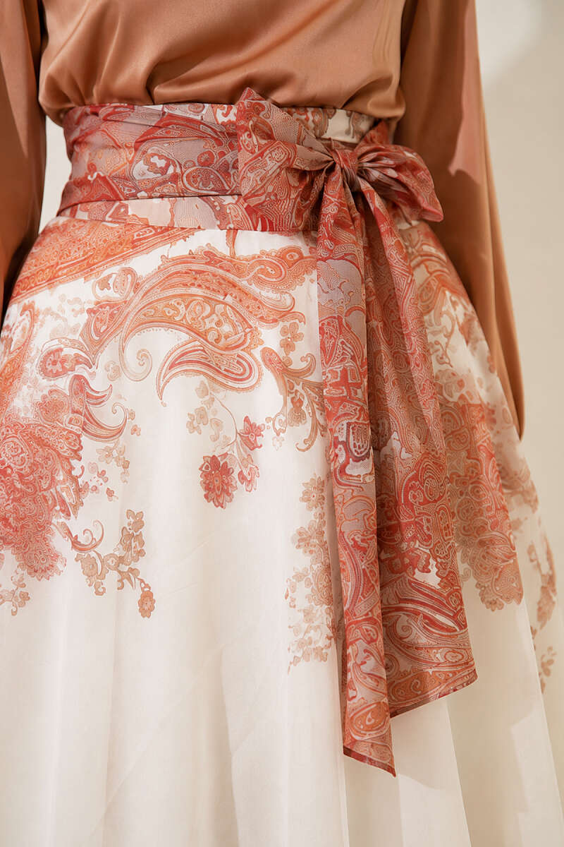 Ethnic Print Skirt with Self Sash - Tan
