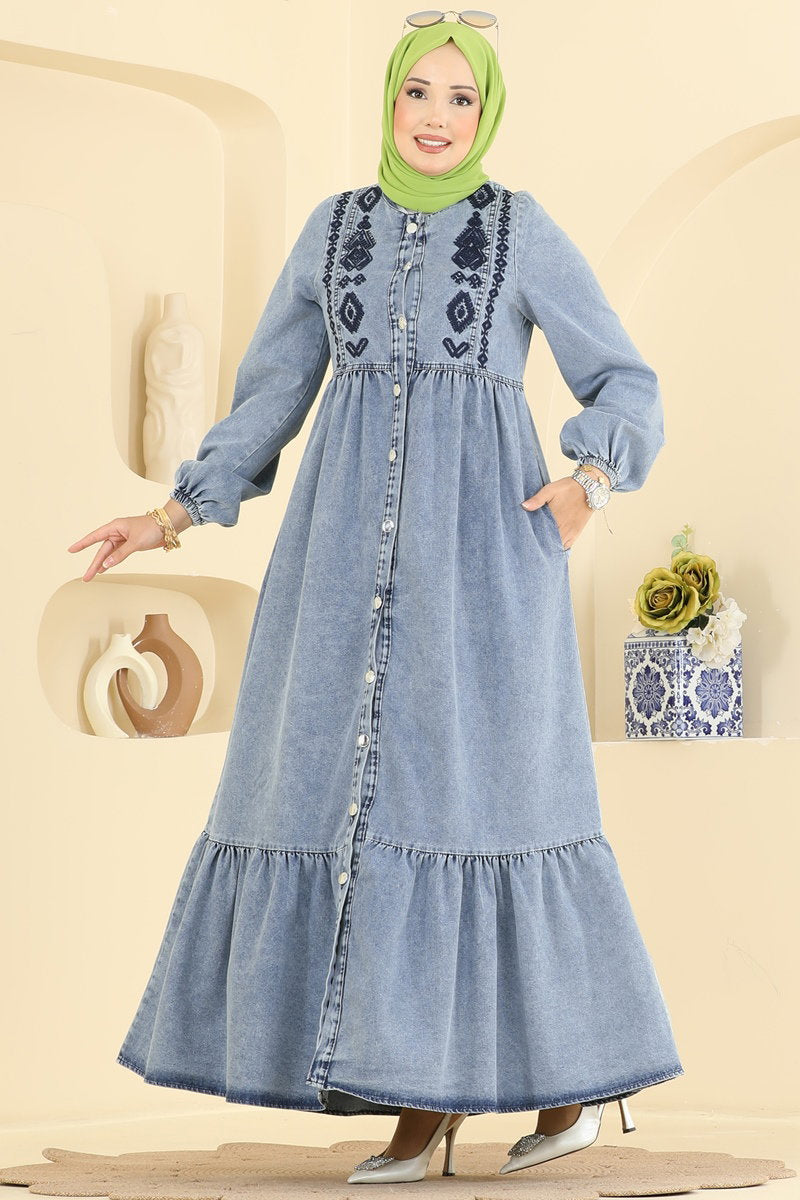 Ethnic-Print Denim Dress - Light Denim