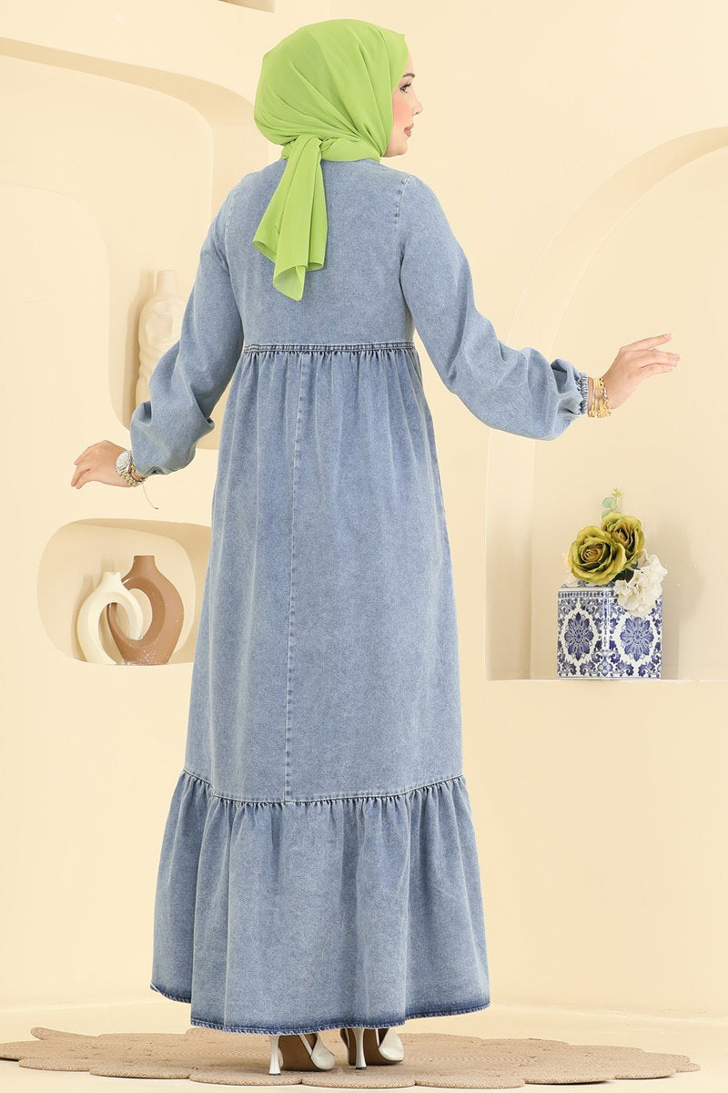 Ethnic-Print Denim Dress - Light Denim