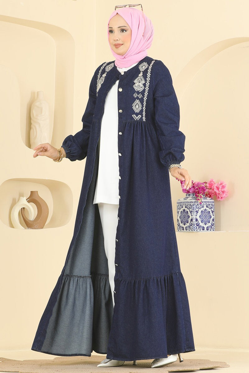 Ethnic-Print Denim Dress - Dark Denim