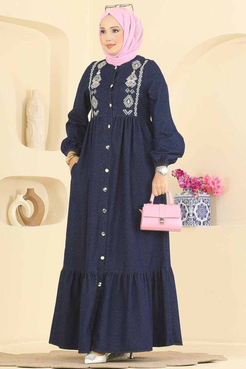 Ethnic-Print Denim Dress - Dark Denim