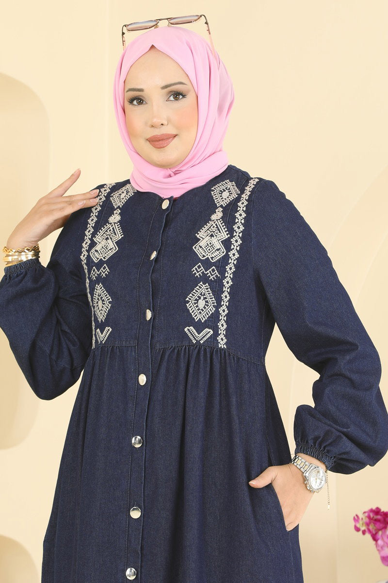 Ethnic-Print Denim Dress - Dark Denim