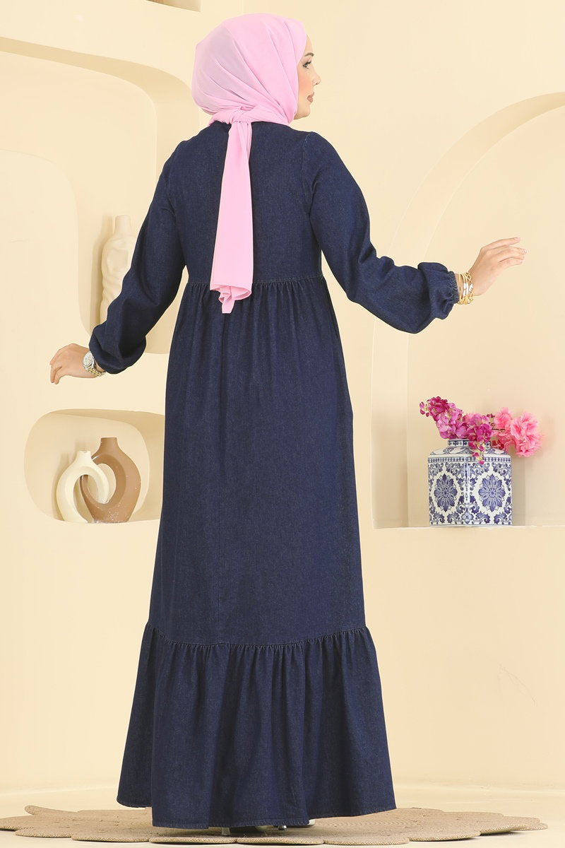 Ethnic-Print Denim Dress - Dark Denim