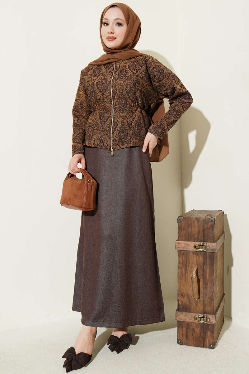 Ethnic Print Denim Pinafore Set - Brown