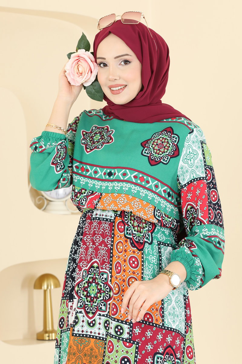 Ethnic-Print Viscose Dress with Long Sleeves - Green