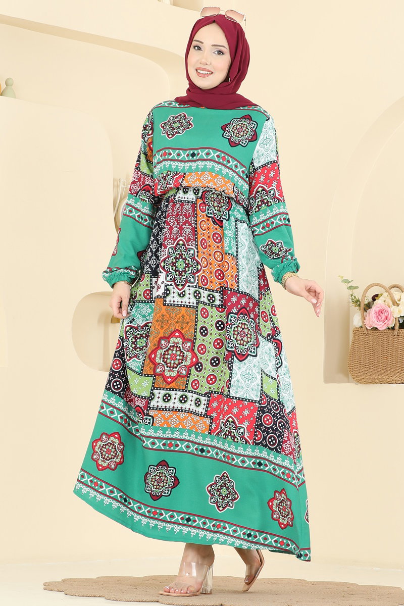 Ethnic-Print Viscose Dress with Long Sleeves - Green