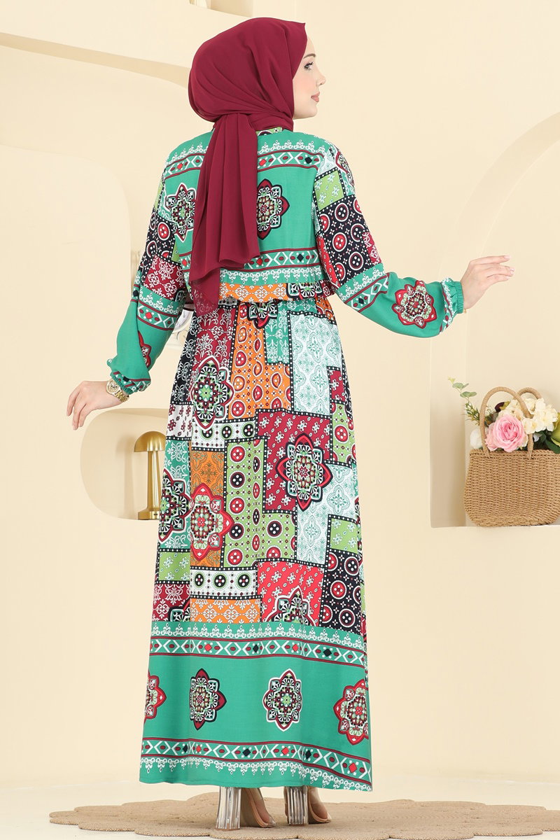 Ethnic-Print Viscose Dress with Long Sleeves - Green