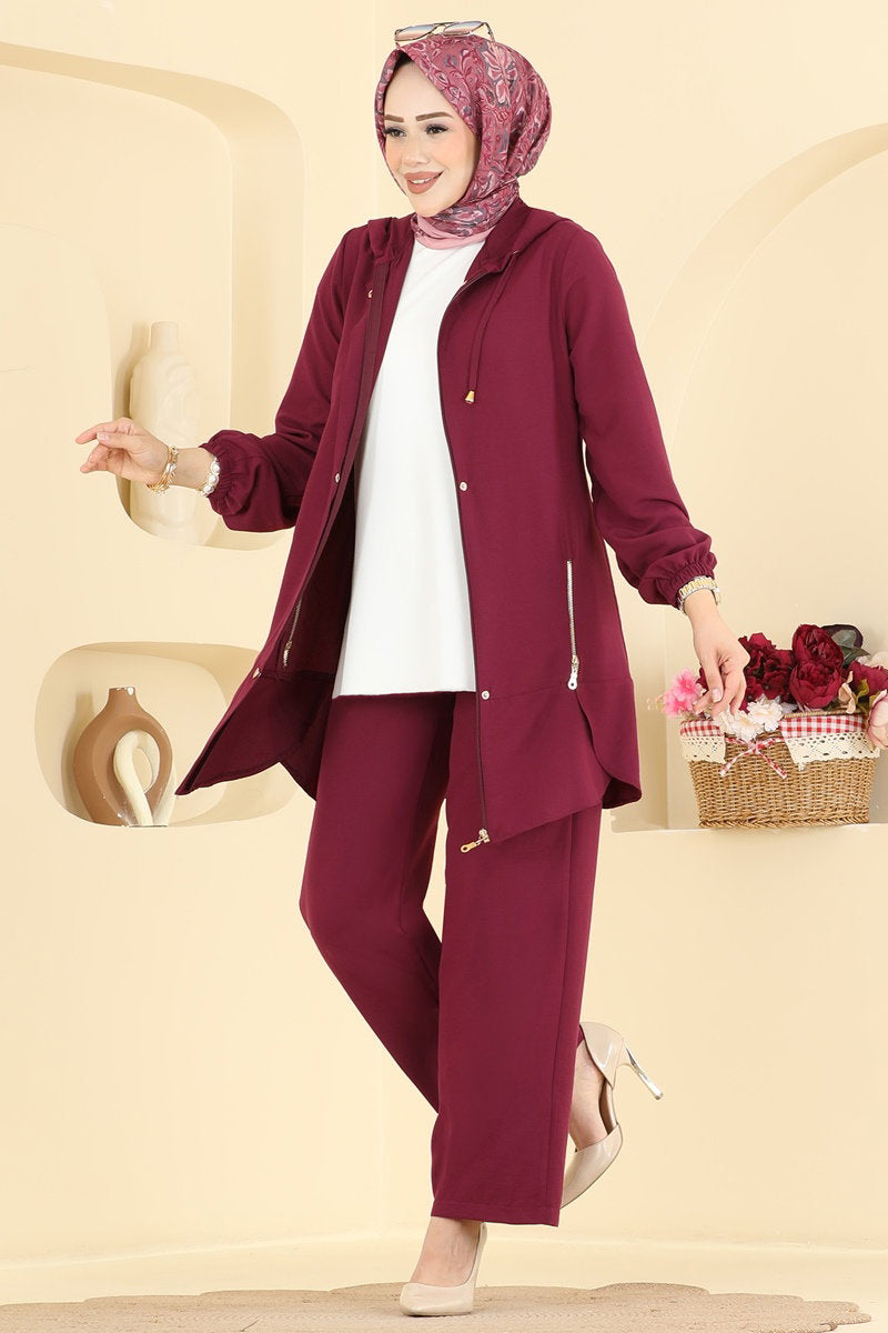 Cupro Two-Piece Set with Zip Detail - Burgundy