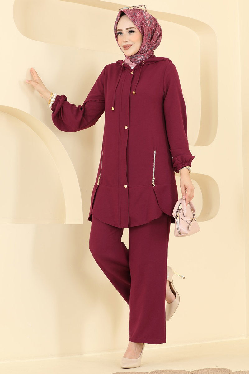 Cupro Two-Piece Set with Zip Detail - Burgundy