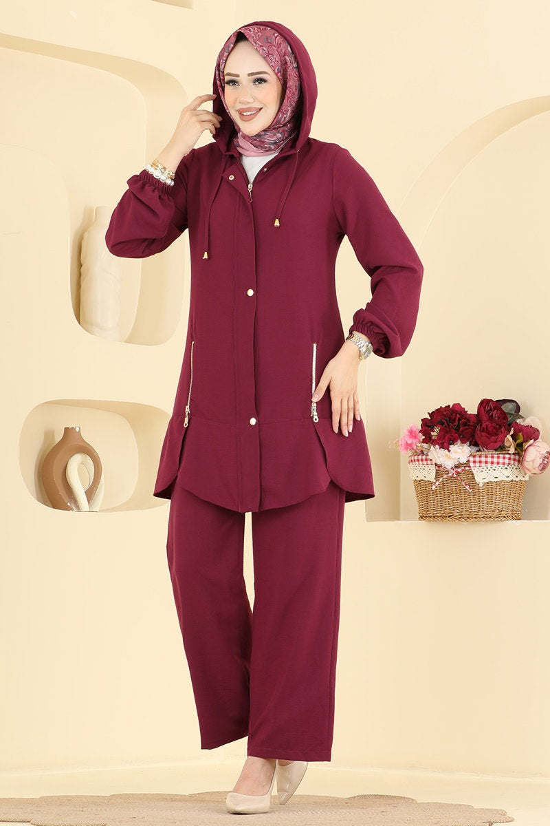 Cupro Two-Piece Set with Zip Detail - Burgundy