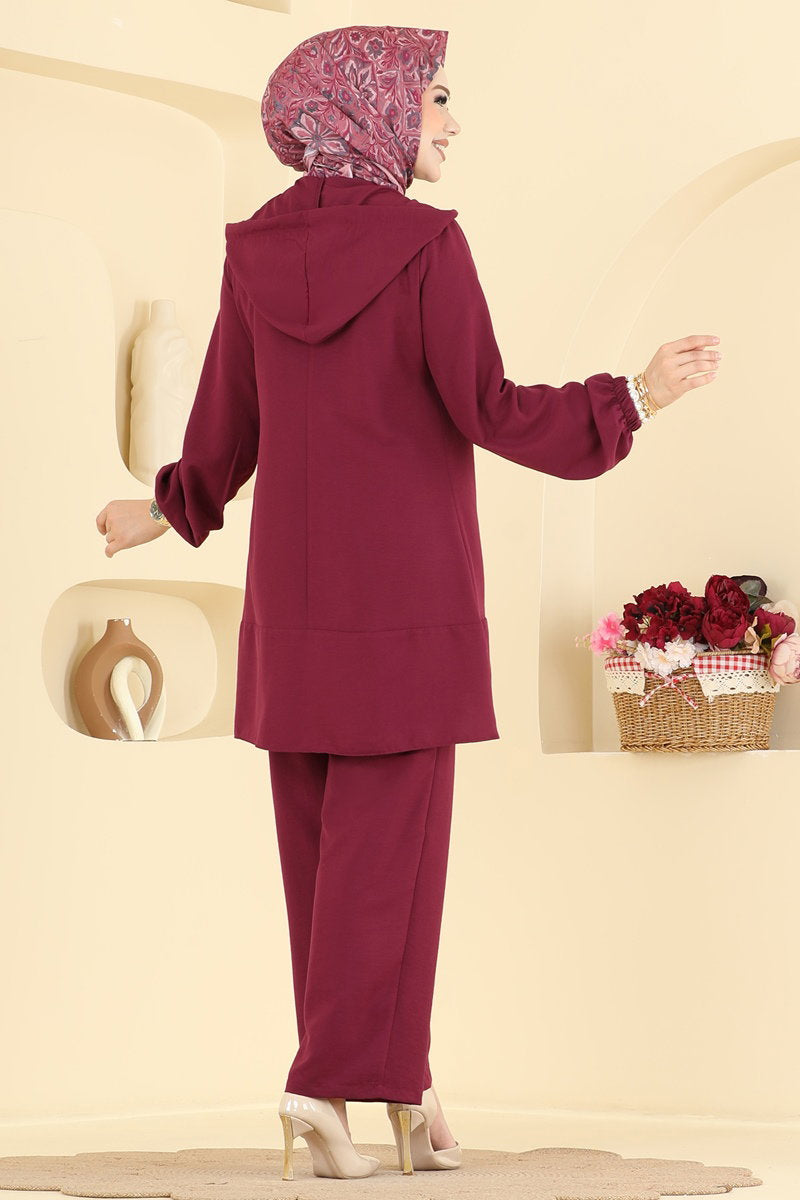 Cupro Two-Piece Set with Zip Detail - Burgundy