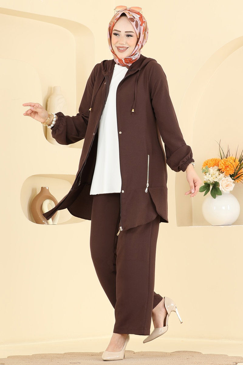 Cupro Two-Piece Set with Zip Detail - Brown