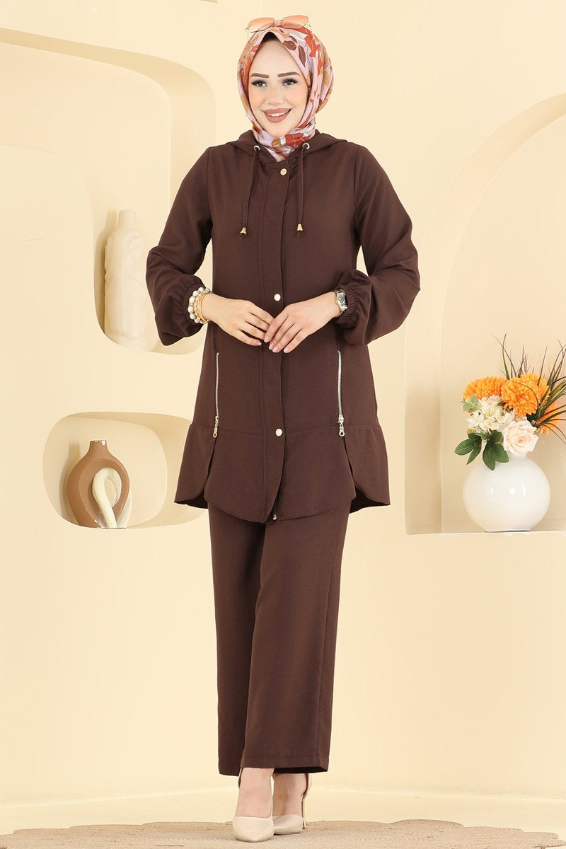 Cupro Two-Piece Set with Zip Detail - Brown