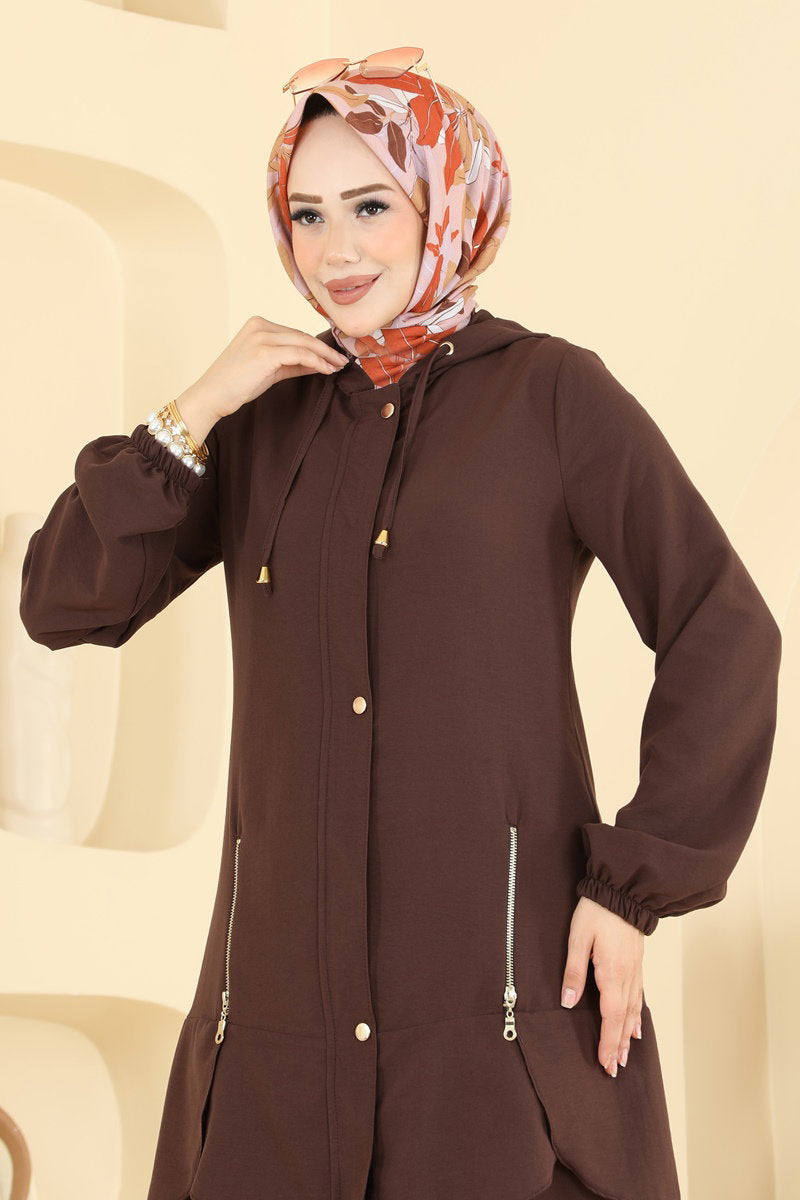 Cupro Two-Piece Set with Zip Detail - Brown