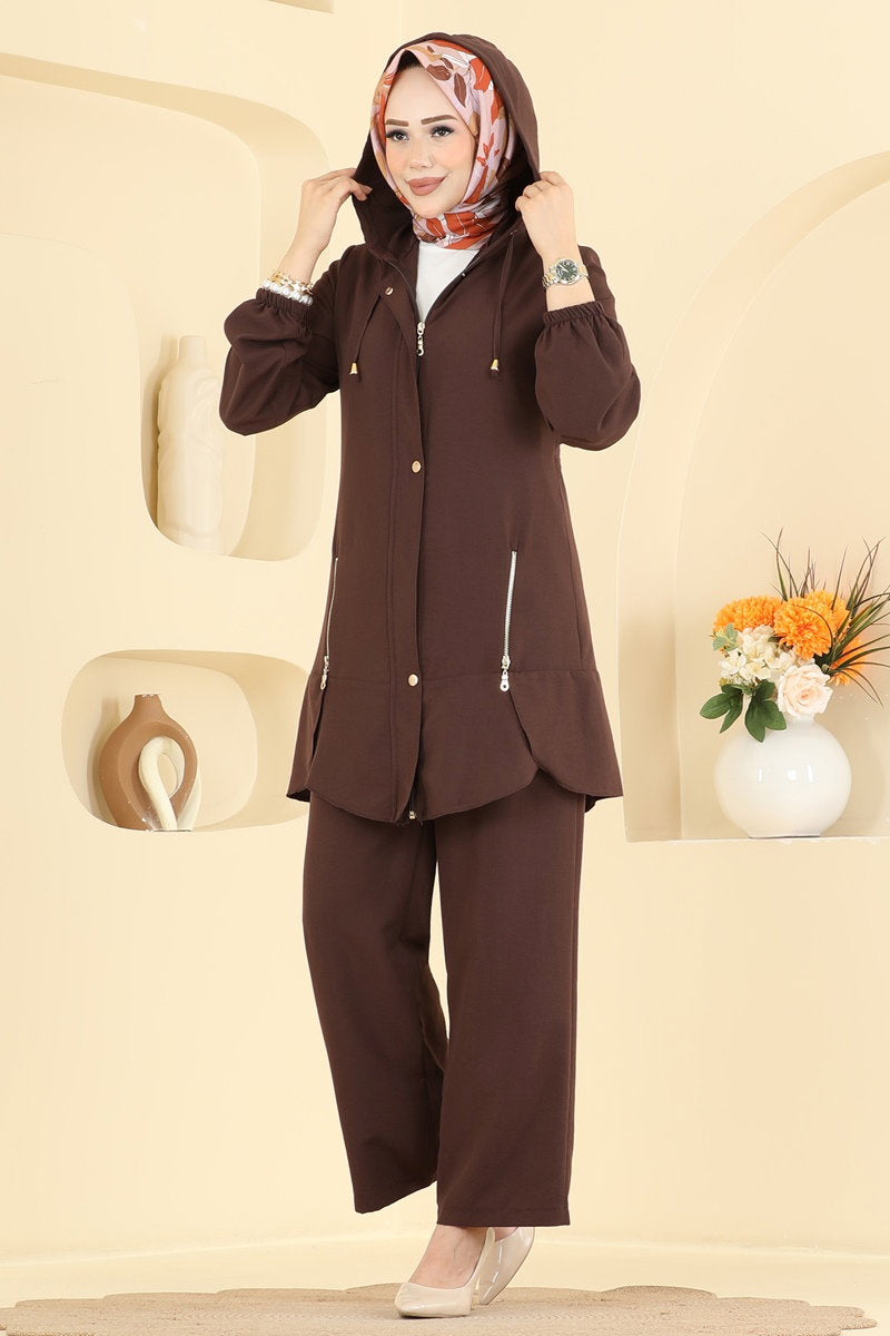 Cupro Two-Piece Set with Zip Detail - Brown
