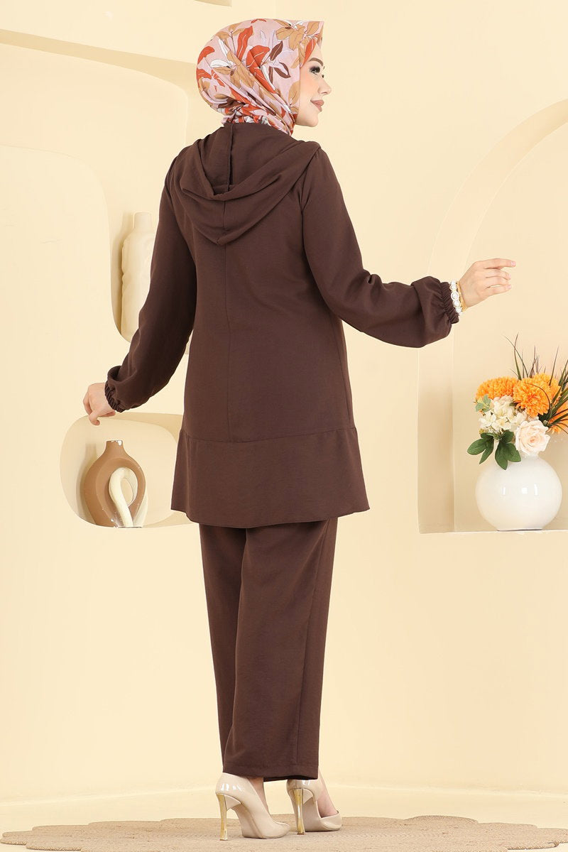 Cupro Two-Piece Set with Zip Detail - Brown