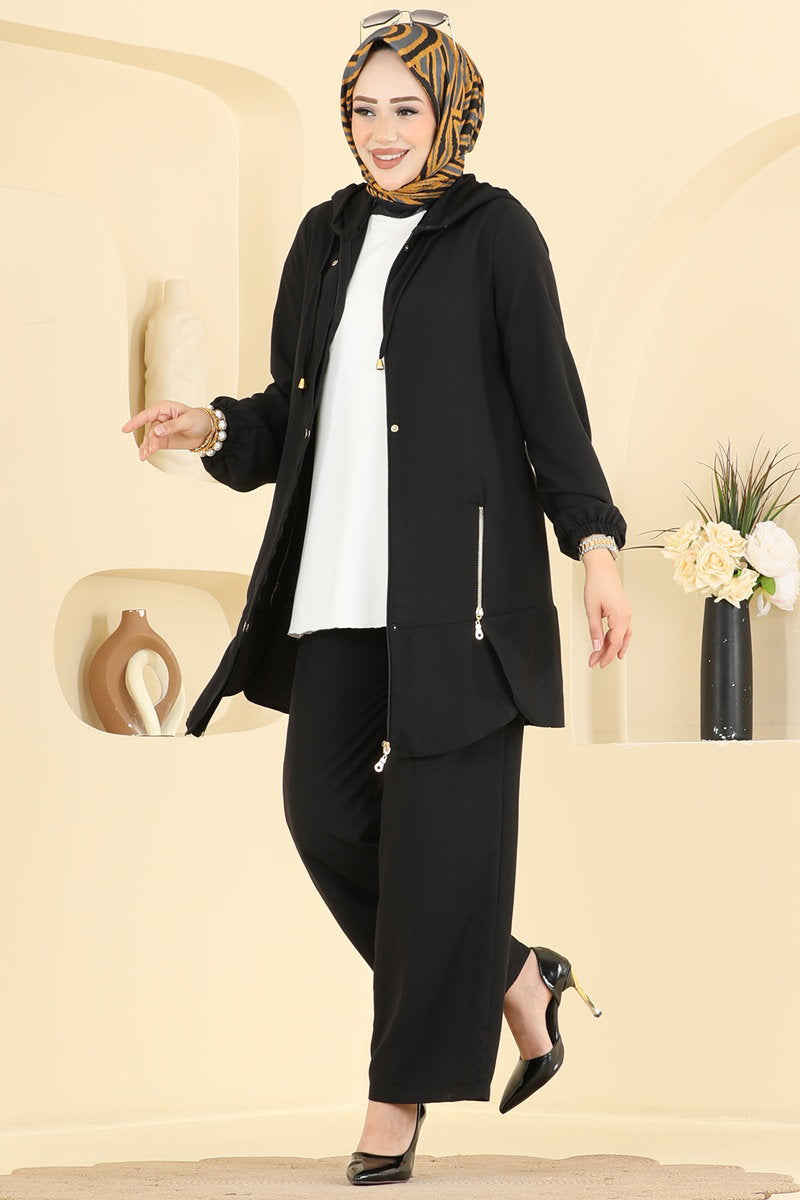 Cupro Two-Piece Set with Zip Detail - Black