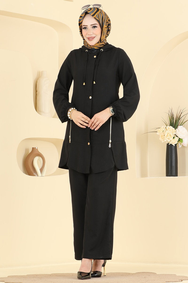 Cupro Two-Piece Set with Zip Detail - Black