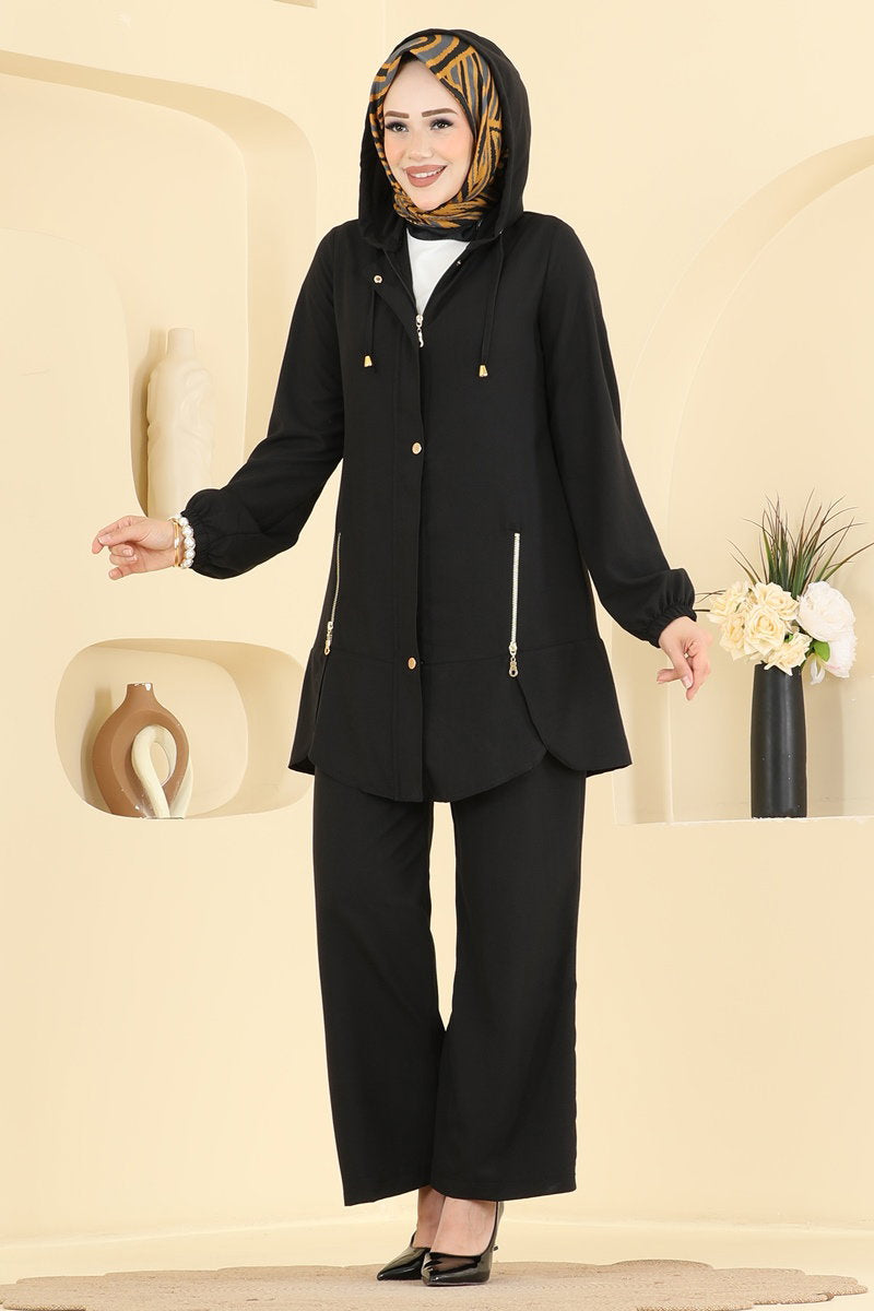 Cupro Two-Piece Set with Zip Detail - Black