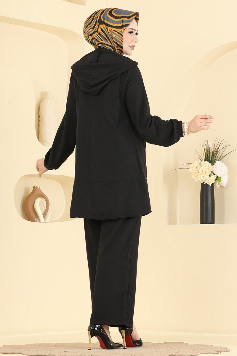 Cupro Two-Piece Set with Zip Detail - Black