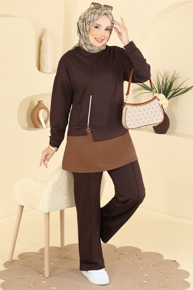 Zip-Front Modal Two-Piece Set - Brown