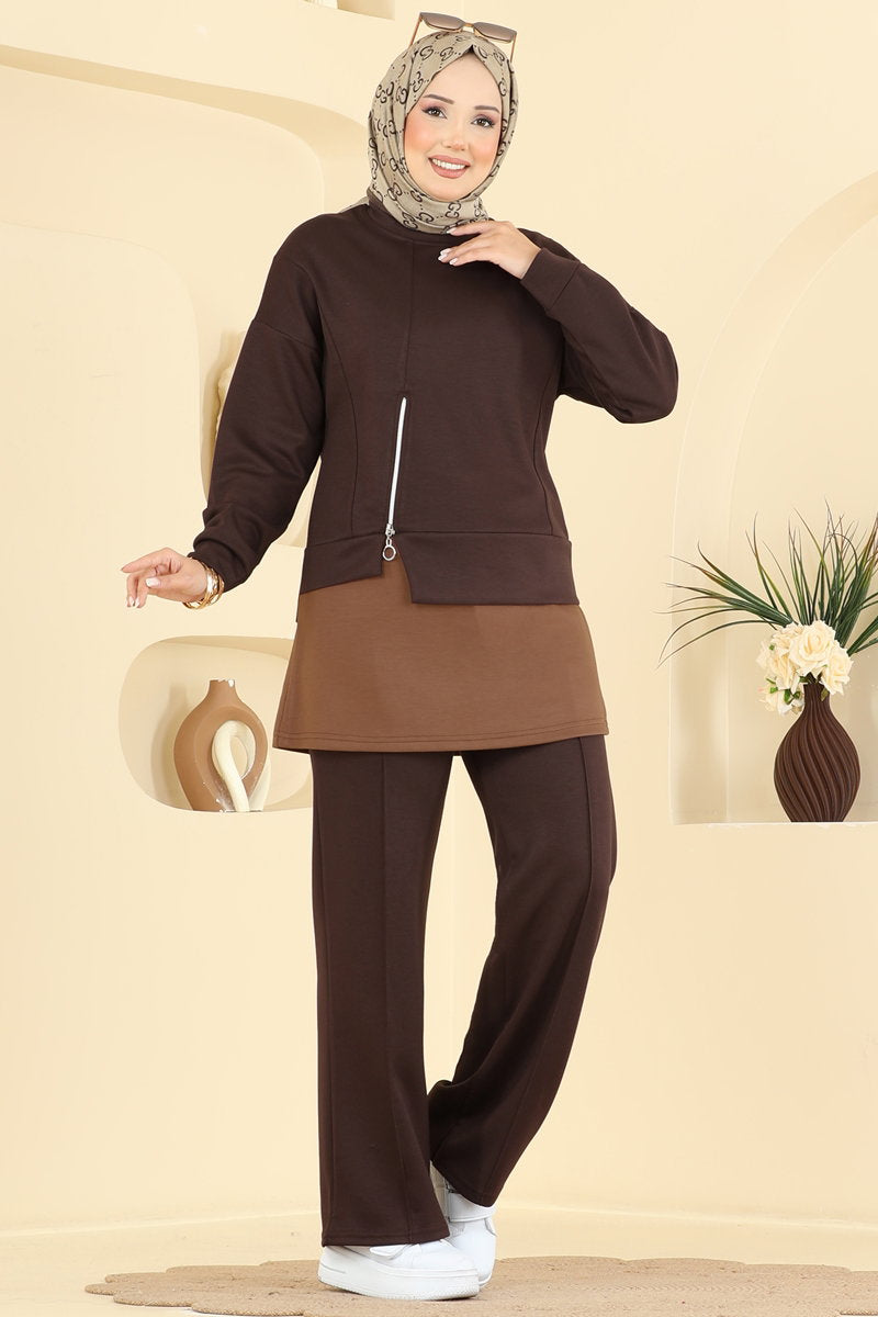 Zip-Front Modal Two-Piece Set - Brown