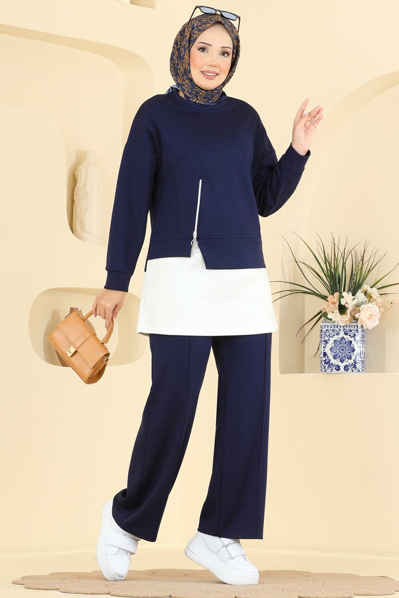 Zip-Front Modal Two-Piece Set - Navy