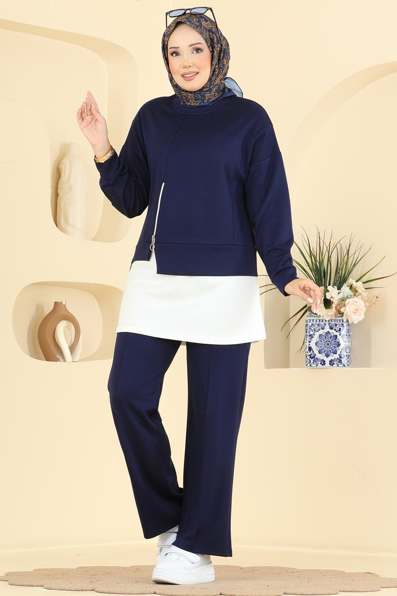 Zip-Front Modal Two-Piece Set - Navy