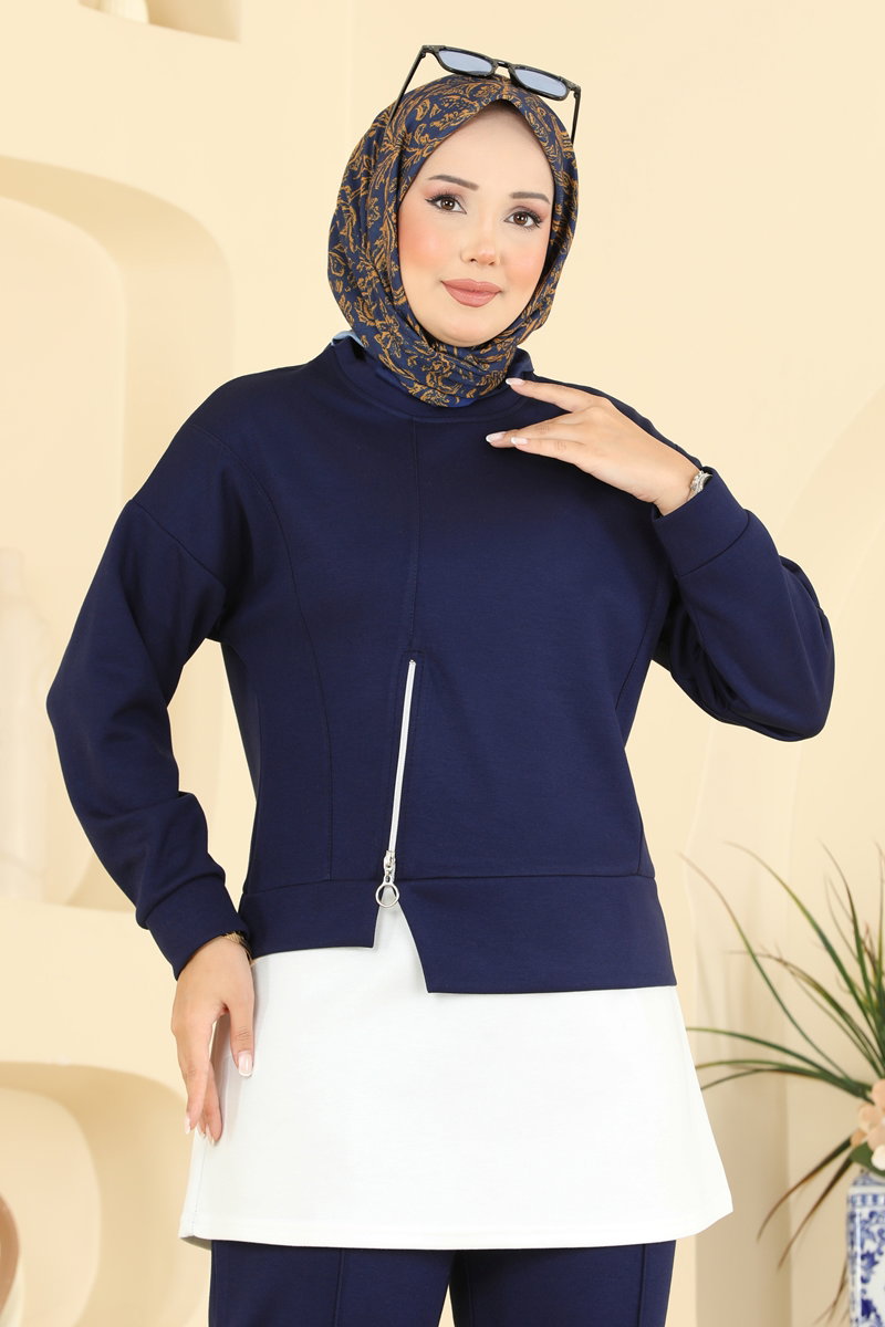 Zip-Front Modal Two-Piece Set - Navy