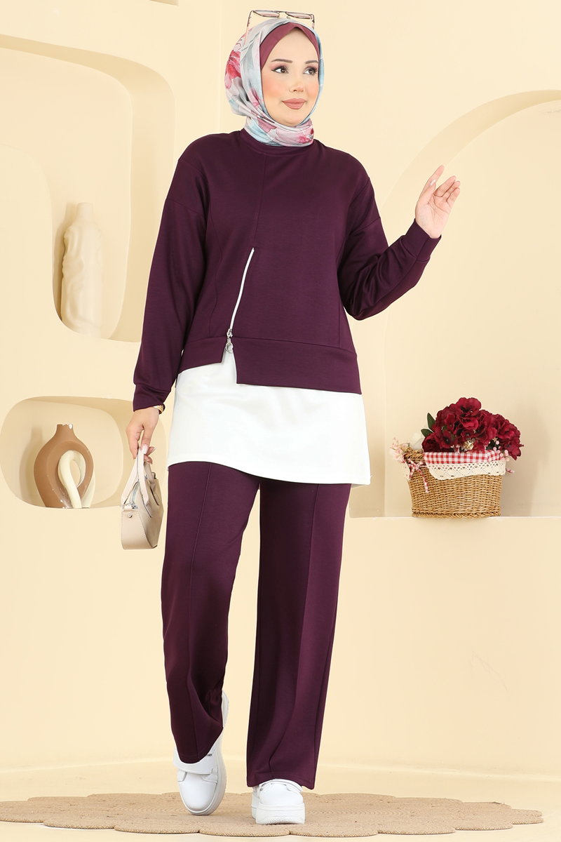 Zip-Front Modal Two-Piece Set - Plum