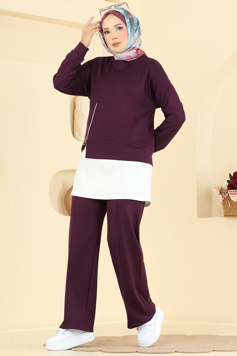 Zip-Front Modal Two-Piece Set - Plum