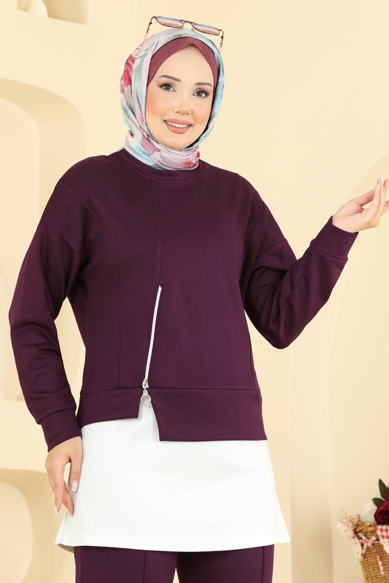 Zip-Front Modal Two-Piece Set - Plum