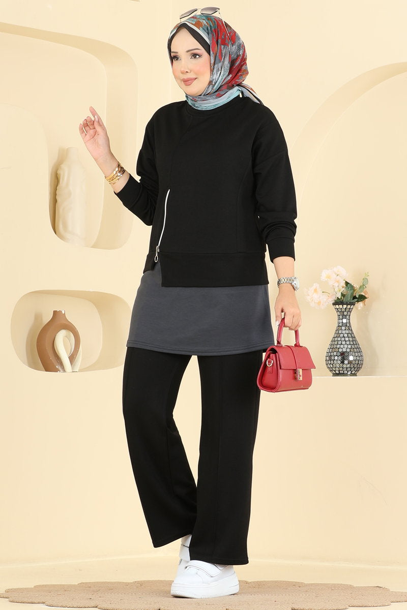 Zip-Front Modal Two-Piece Set - Black