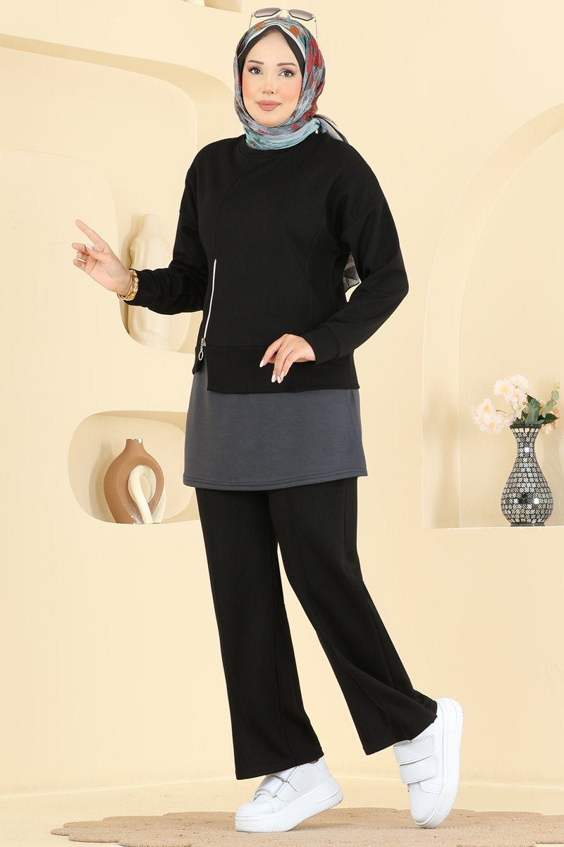 Zip-Front Modal Two-Piece Set - Black