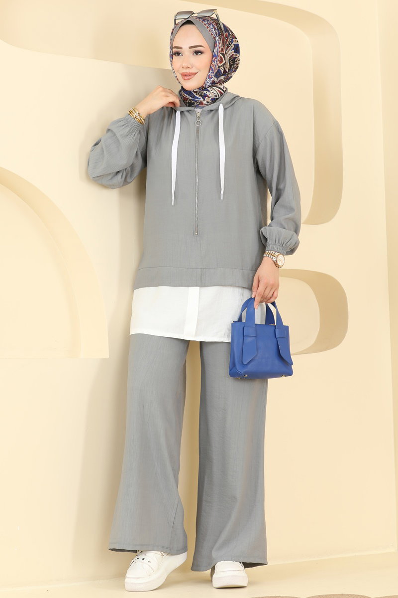 Woven Two-Piece Set with Zip Detail - Grey